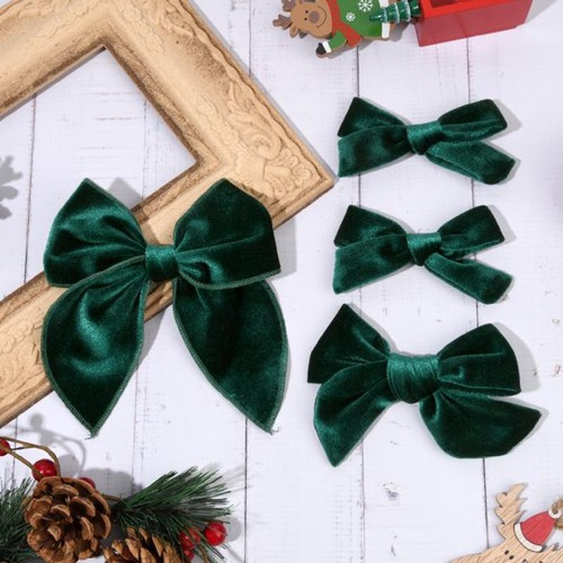 DEEKA 4 PCS Dark Green Velvet Hair Bows 3 Styles 5" & 4" Handmade Hair Bow set for Toddler Girls Alligator Hair Clips Knot Bows Hair Accessories for Little School Girls (Dark Green)