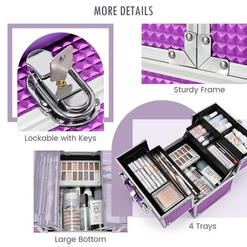Frenessa Makeup Train Case Cosmetic Box Organizer Storage Portable 4 Trays Jewelry Storage Organizer with Lockable Dividers for Makeup Artist, Crafter, Makeup Tools Traveling Makeup Case Purple