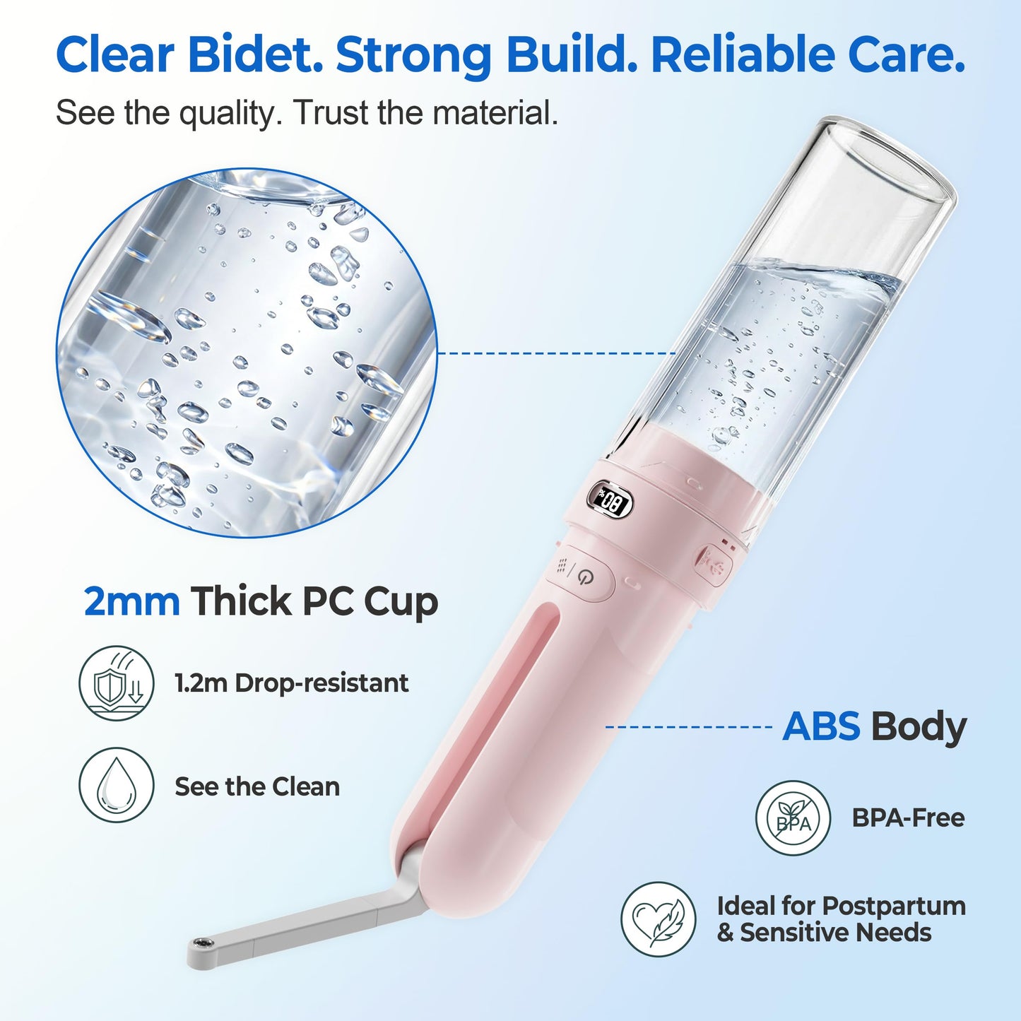 WeWi HLTH Electric Portable Bidet – Rechargeable Travel Bidet for Women Postpartum Care & Personal Hygiene | with 3 Pressure Modes for Home Travel & Camping (Pink)