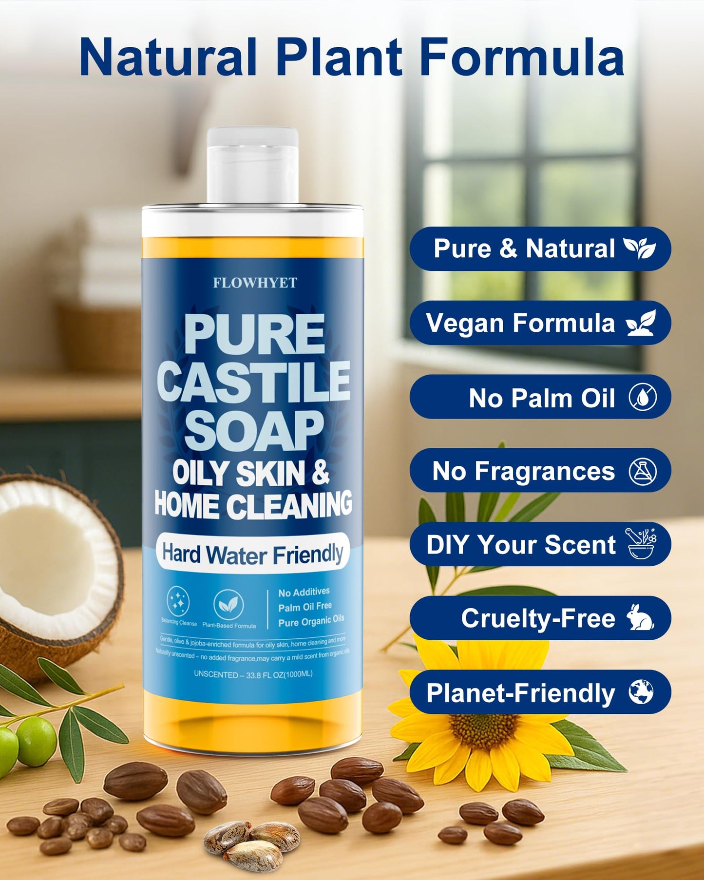 FLOWHYET Pure Castile Soap Liquid Unscented 33.8 fl oz, Organic Body Wash，Bath Soap Castile Liquid, Hard Water Friendly for Sensitive & Oily Skin for Body，Face, Hand, Multi-Purpose Home Cleaner