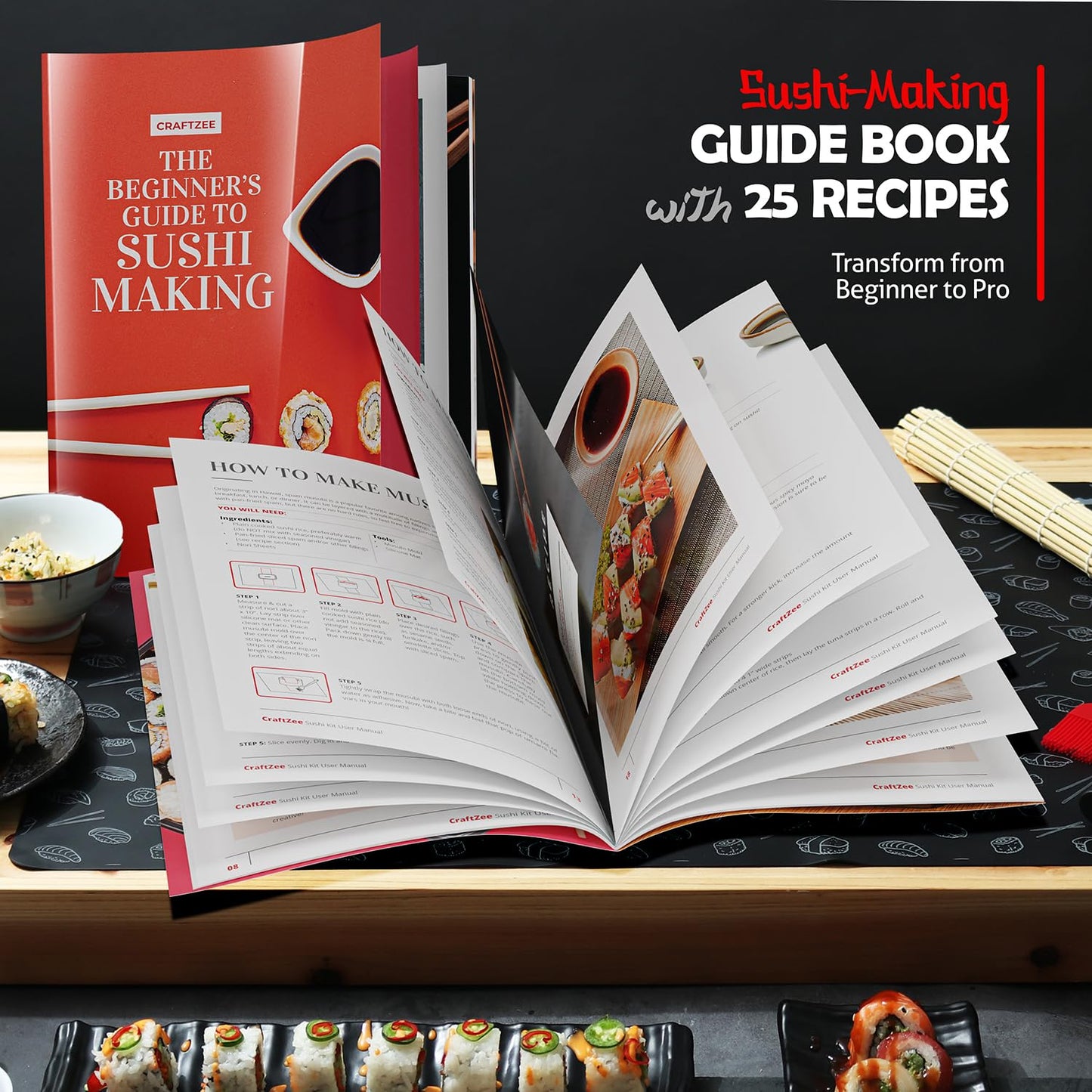 CraftZee Sushi Making Kit - Complete Sushi Maker Kit with Bazooka Roller, Rice Cooker, Onigiri, Nigiri & Musubi Mold, Rice Ball Mold, Bamboo Rolling Mat, Knife, Guide Book & More