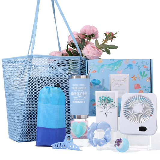 Beferr Mothers Day Beach Gifts Basket for Women, 79" X 83" Beach Blanket Waterproof Sandproof, Beach Mesh Tote Bags, Birthday Baskets for Her Wife Mom Sister Grandma Friend