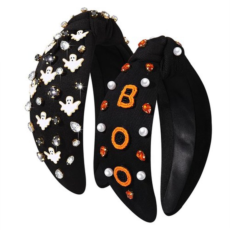 2PCS Halloween Headbands for Women Halloween Accessories Boo Trick or Treat Knotted Headband Embellished Rhinestone Pearl Top Knot Headbands Halloween Costume Party Hair Accessory (2PCS Halloween A)