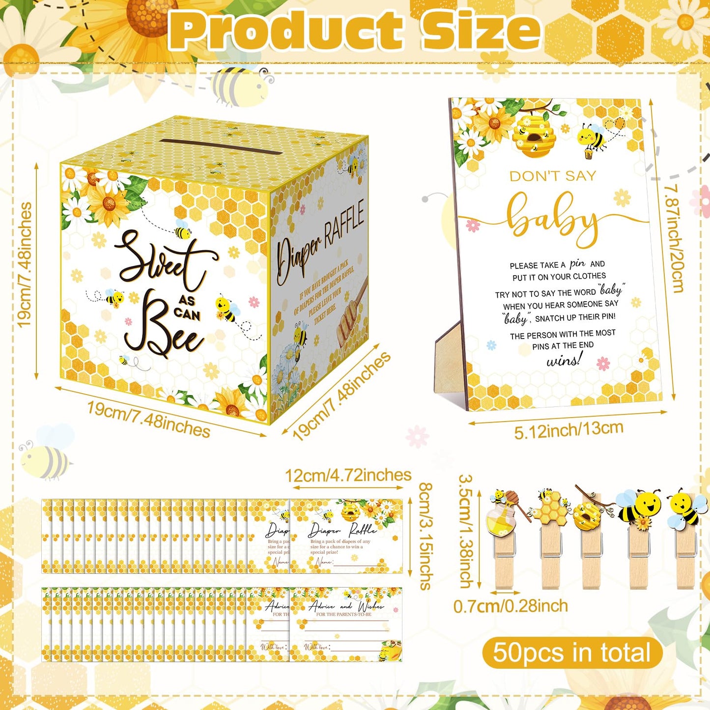 Dispowreath 102 Pcs Baby Shower Game Supplies Diaper Raffle Tickets with Diaper Raffle Card Box Don't Say Baby Sign Mini Clothespin Shower Game Decor for Gender Reveal (Bee)