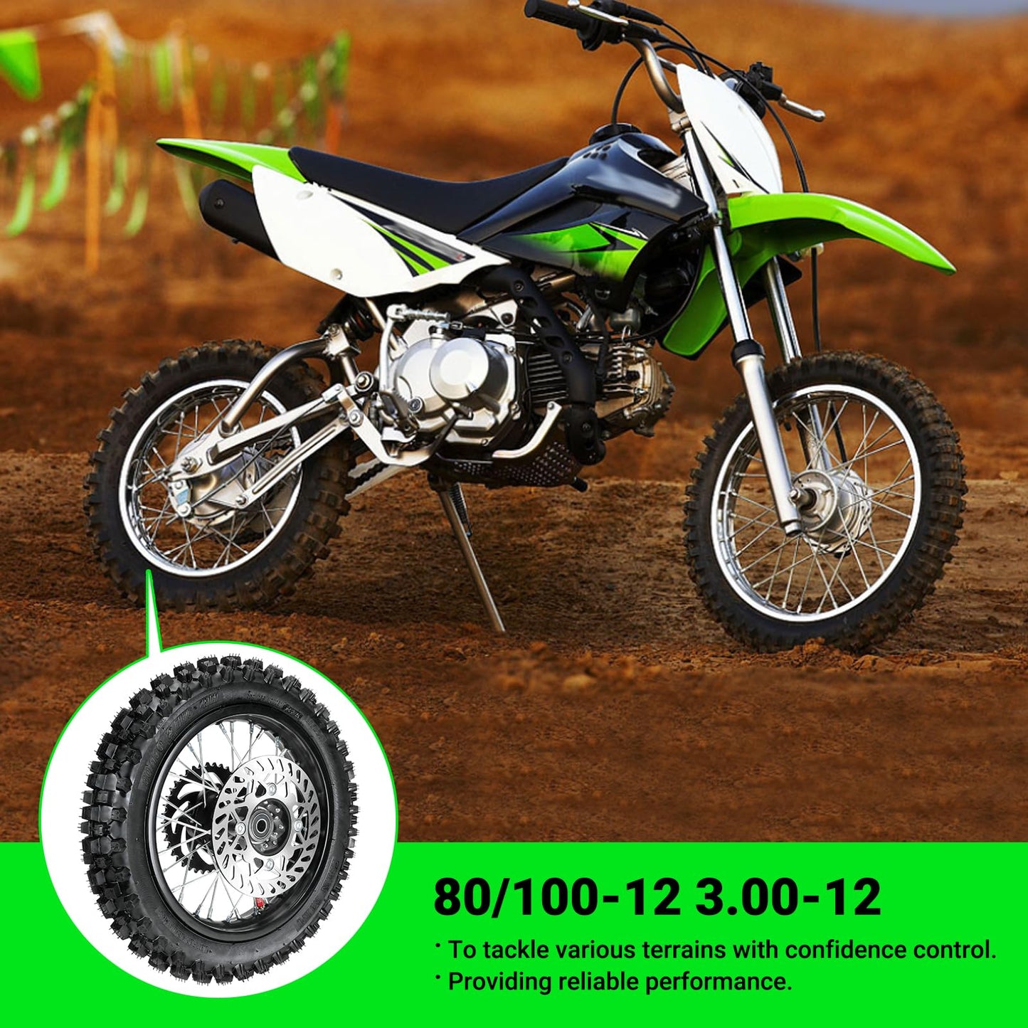 XIKOBY 12'' Rear Wheel 80/100-12 3.00-12 Dirt Bike Tire and Inner Tube Assembly for 110cc 125cc SSR SR125 CX65 TaoTao DB14 Coolster QG-214 with Brake Rotor 428 41T Chain Sprocket