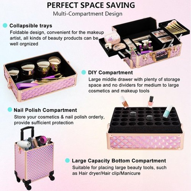 AROUS Rolling Makeup Train Case Large Storage Cosmetic Trolley 4 in 1 Large Capacity Trolley Makeup Travel Case with Key Swivel Wheels Salon Barber Case Traveling Cart Trunk, Pink