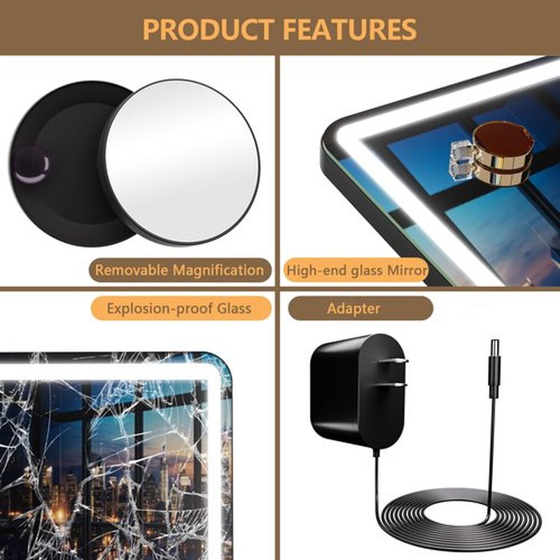 Hasipu Vanity Mirror with Lights and Bluetooth Speaker, 32" x 22" LED Makeup Mirror, Lighted Makeup Mirror with Dimmable 3 Modes, USB Charging Port, Round Black