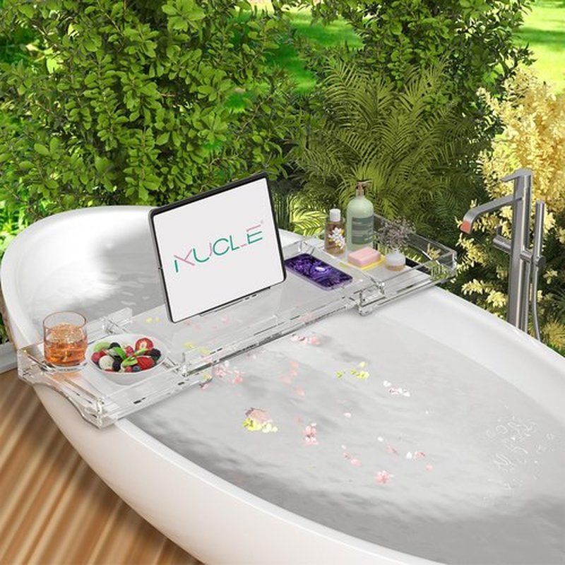 Kucle Expandable Acrylic Bathtub Tray - 18-32 Inches Bath Caddy Tray for Bathtub, Luxury Bath Tub Tray Table for Home Spa, Bath Tray for Tub, Bathroom Tub Accessory Birthday Gift for Her (Clear)