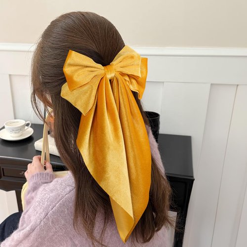 Yellow Velvet Ribbon Hair Bow Clips with Long Tail Large Bowknot French Barrette Ponytail Holder Decor Accessories for Women Girls Fall Winter Early Spring Seasons