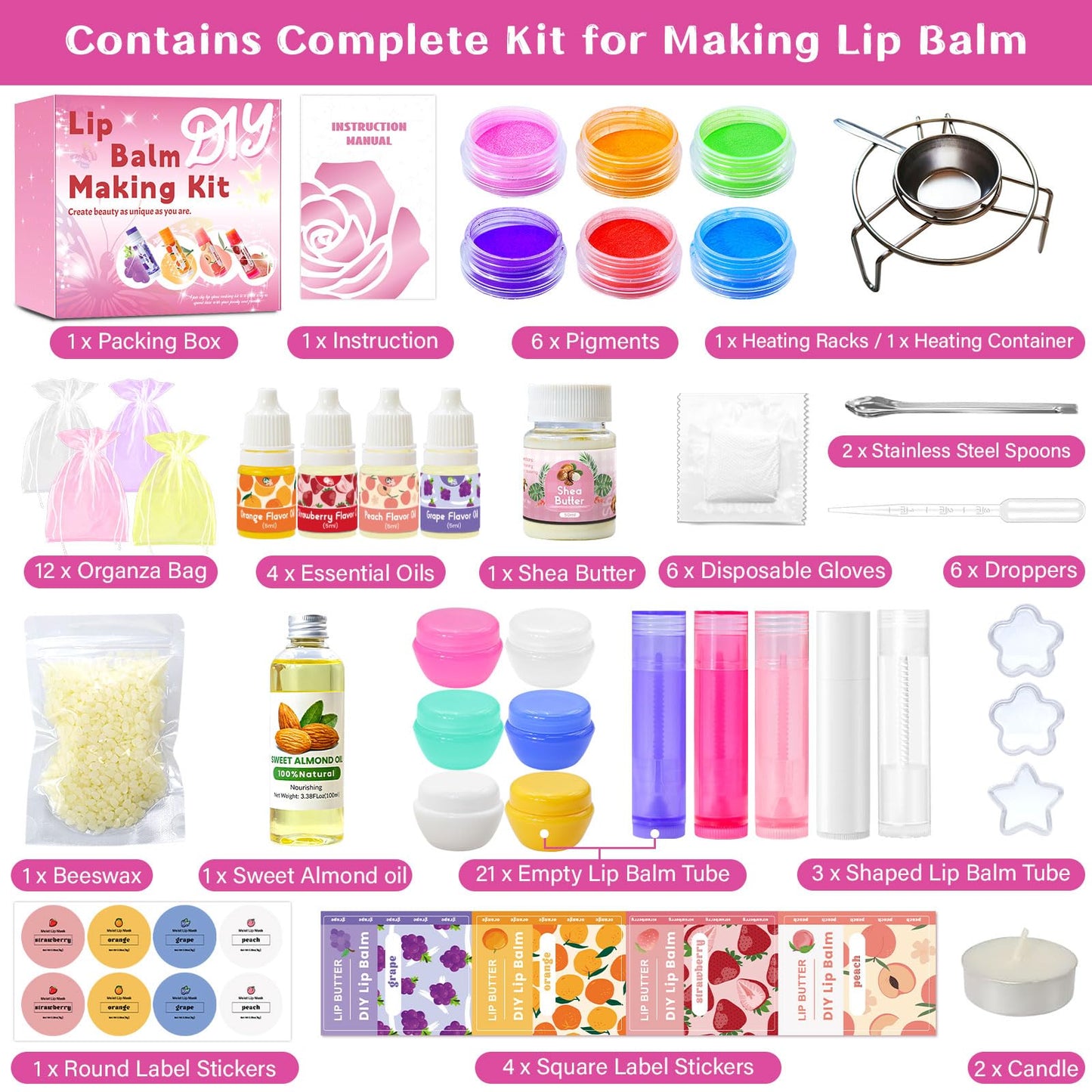 WhizToys DIY Lip Balm Making Kit for Adults to Make Your Own Moisturizing Lip Balms with Natural Beeswax, Lip Base Oil, Essential Oil, Empty Lip Balm Tubes，Birthday Christmas Gift