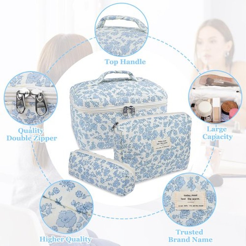 Makeup Bag Set, Quilted Makeup Bag, Large Floral Cosmetic Bag for Women, Cute Cotton Makeup Bags, Flower Travel Toiletry Organizer Bag