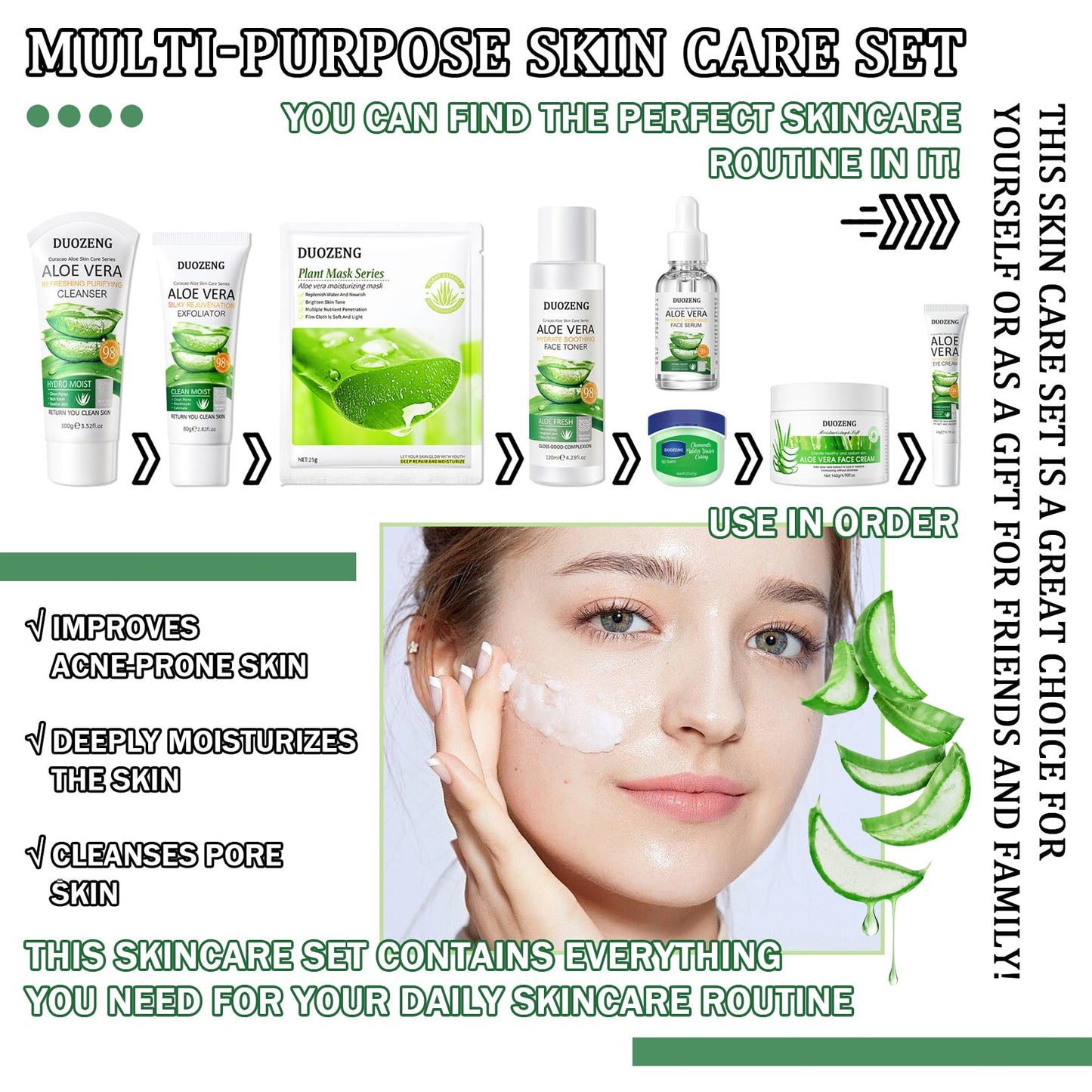 DuoZeng Skin Care Kit,Skincare Gift Set with Facial Cleanser,Toner,Serum,Eye Cream, Face Cream,Exfoliating Gel,Sleeping Lip Mask & 3 Pcs Aloe Vera Mask Kit for Women(10 Count)
