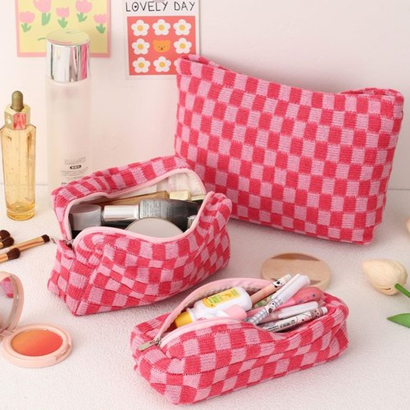 LYDZTION Large Capacity Makeup Bag Set - 3 Pieces Checkered Cosmetic Bag for Women Travel Makeup Bag Organizer Cute Makeup Brushes Storage Bag Travel Toiletry Bag Storage Bag for Women,Pink