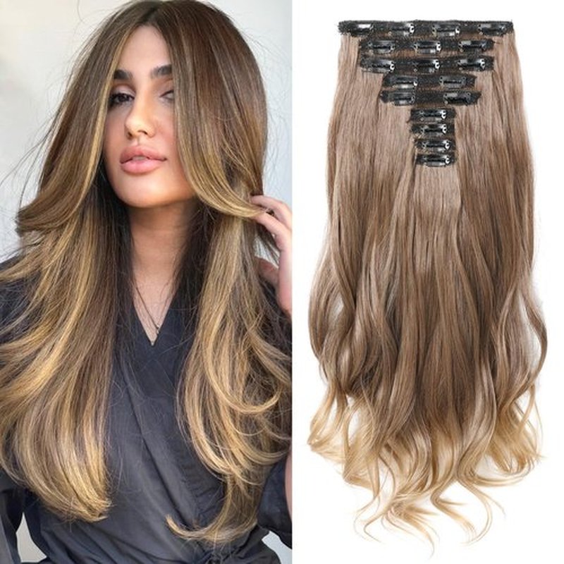 LONAI Clip in Hair Extensions, 9PCS Long Curly Wavy Layer Hair Clip Extensions, Synthetic Hair Extension Natural Soft Invisible Lace Hairpiece for Women Chocolate Brown to Light Brown