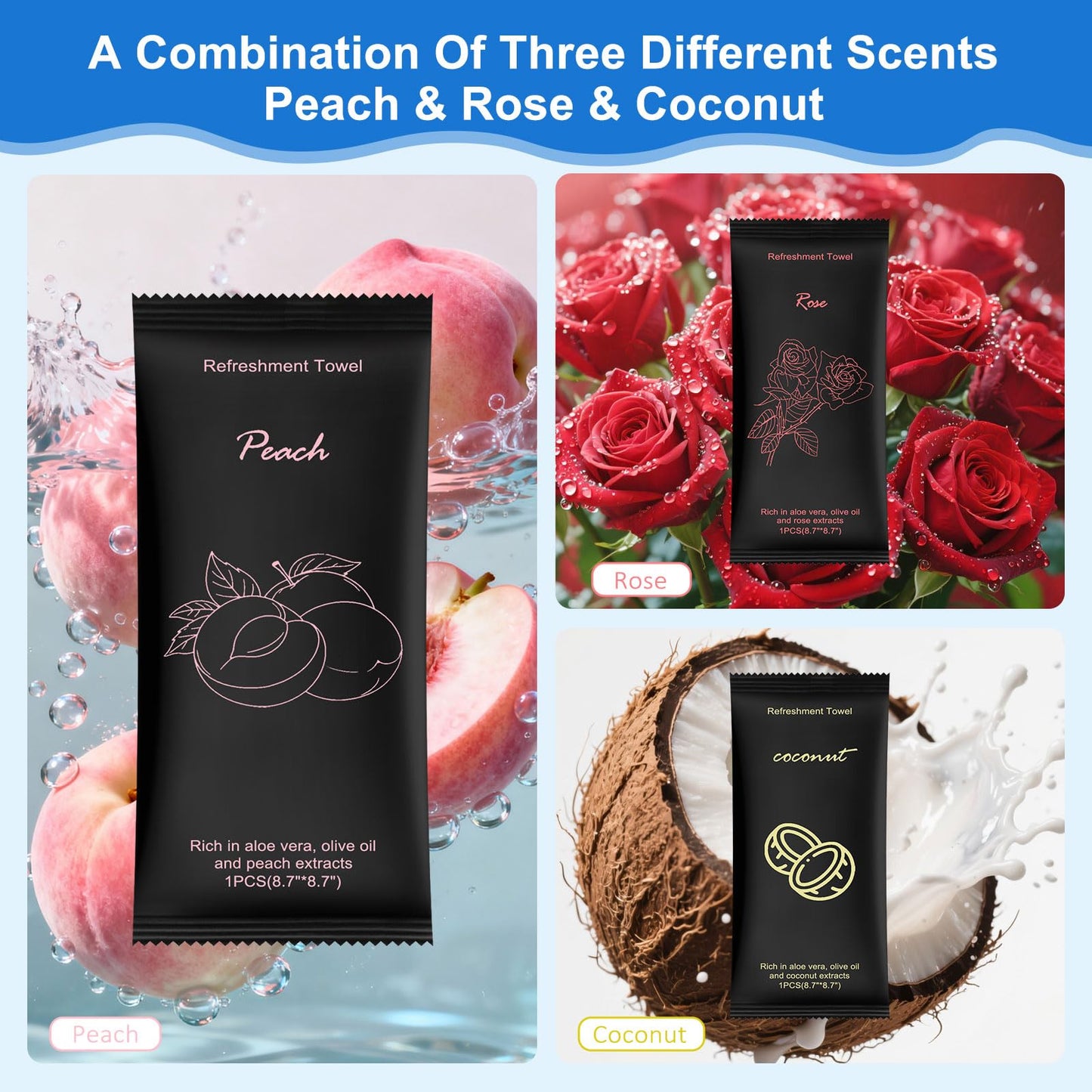 Moist Cotton Towel Bulk Moist Towelettes Individually Wrapped 8.7" x 8.7",White Towel Services,Refreshment Pre Moistened Towels Peach,Rose and Coconut for Sport Party Spa