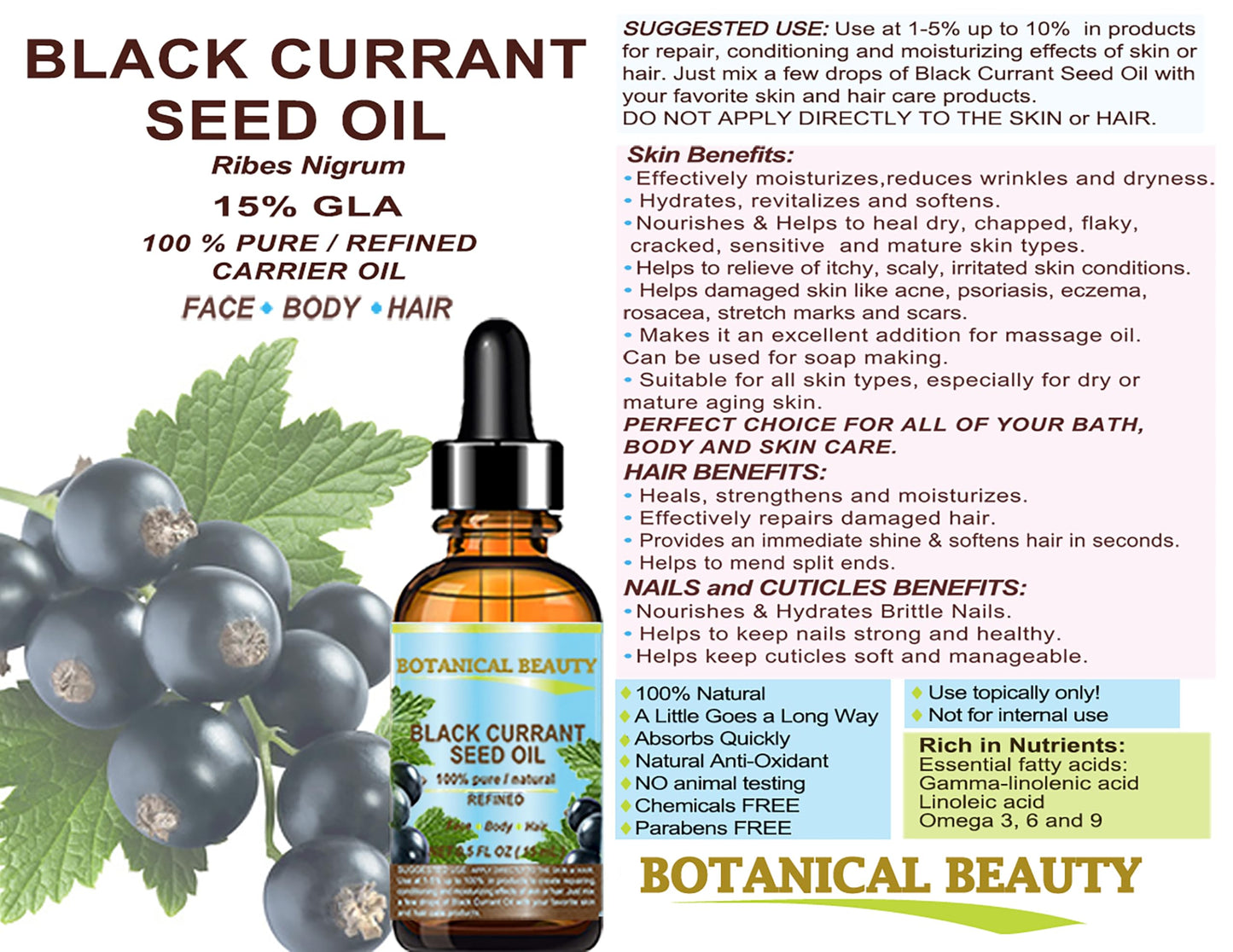 Botanical Beauty BLACK CURRANT SEED OIL 100% Pure Natural Undiluted Refined Cold Pressed Carrier Oil for Skin, Hair, Lip and Nail Care (2 Fl Oz)