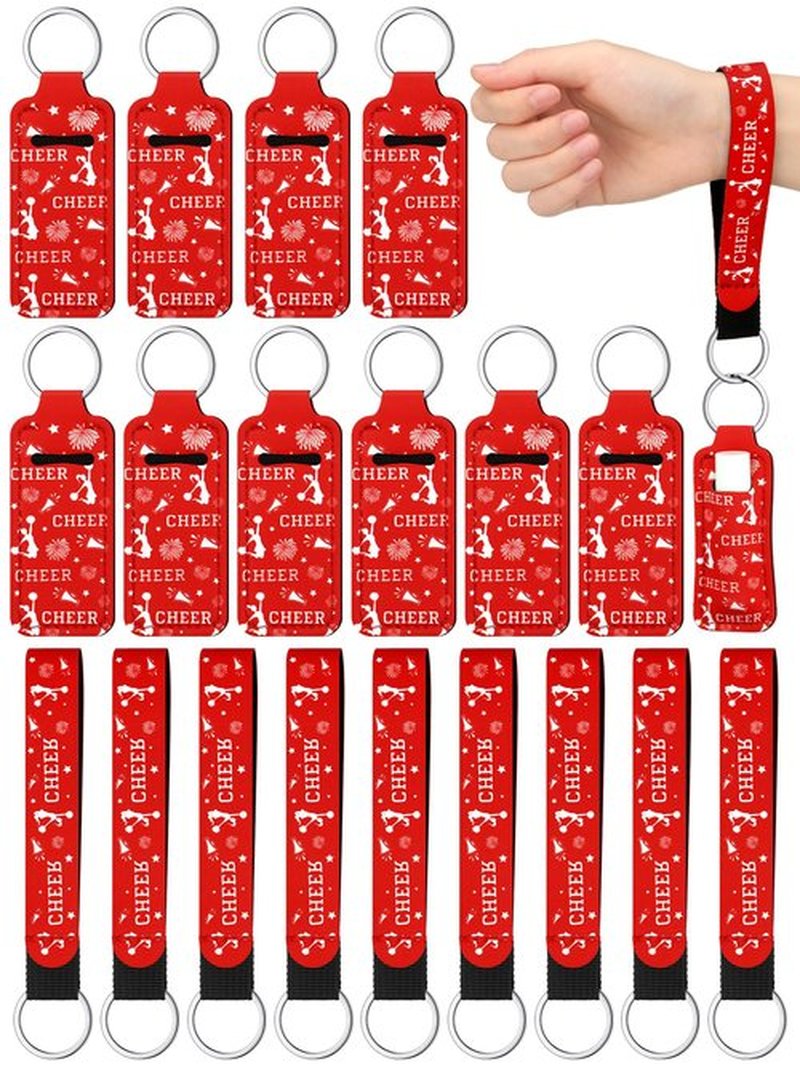 MotiMind 24 Pcs Cheer Lipstick Holder Keychains Lanyard Set Cheer Teams Gifts Cheerleaders Party Favors Cheer Theme Portable Lipstick Holder and Lanyard for Competitive Cheer Party Supplies(Red)