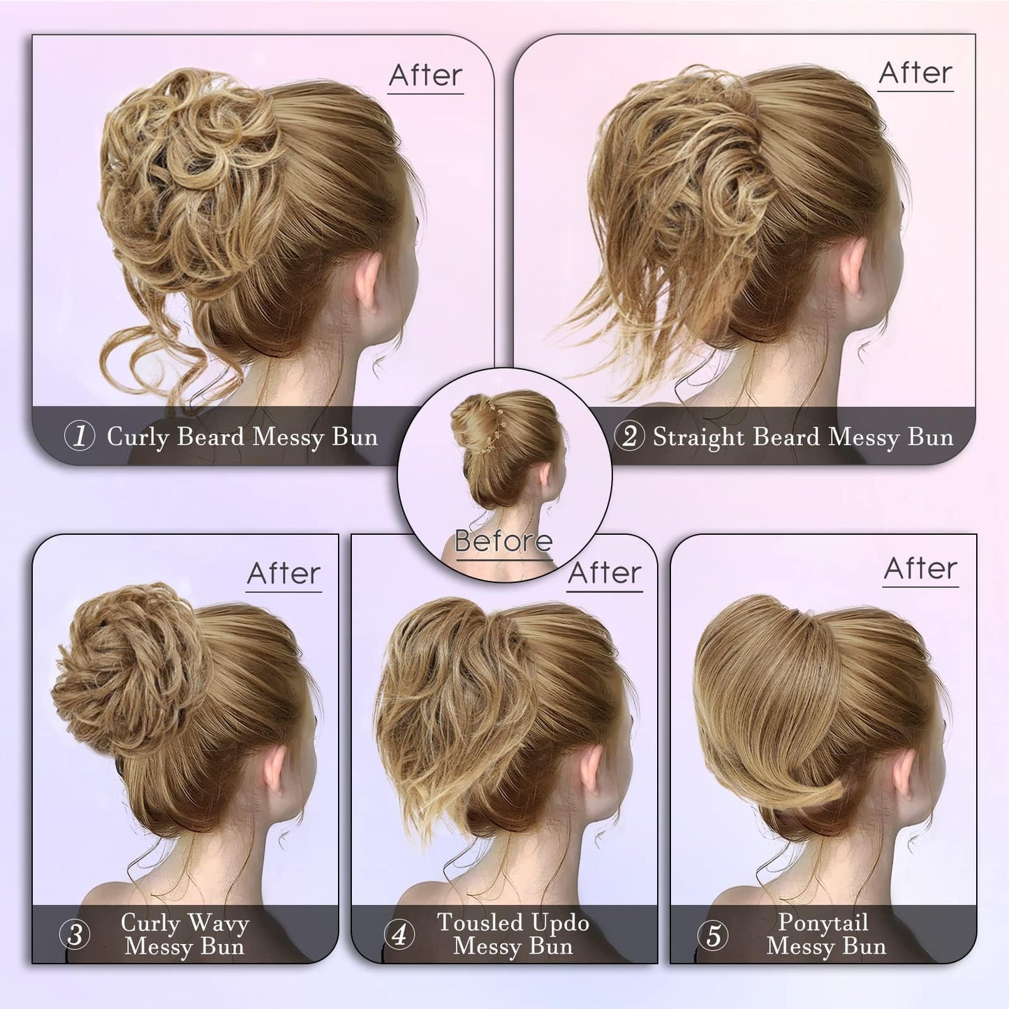 HSLHDI Messy Hair Bun Hair Piece for Women Short Bun Tousled Synthetic Elastic Scrunchies Hairpiece for Women Girls……… (12/24#-Light Brown mix Natural Blonde, 1-5pcs)
