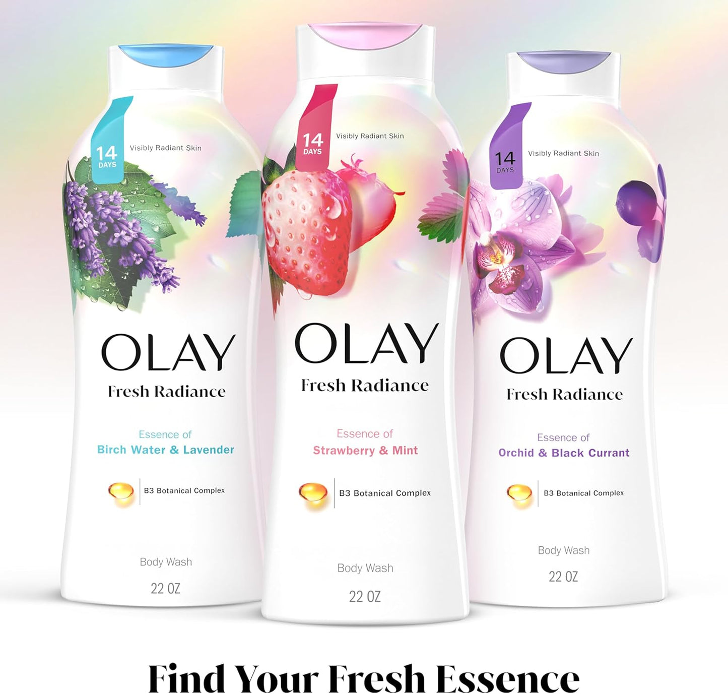 Olay Fresh Radiance Body Wash for Women - Plant-Based Cleansers, Strawberry & Mint, 3.0 fl oz (Pack of 24)