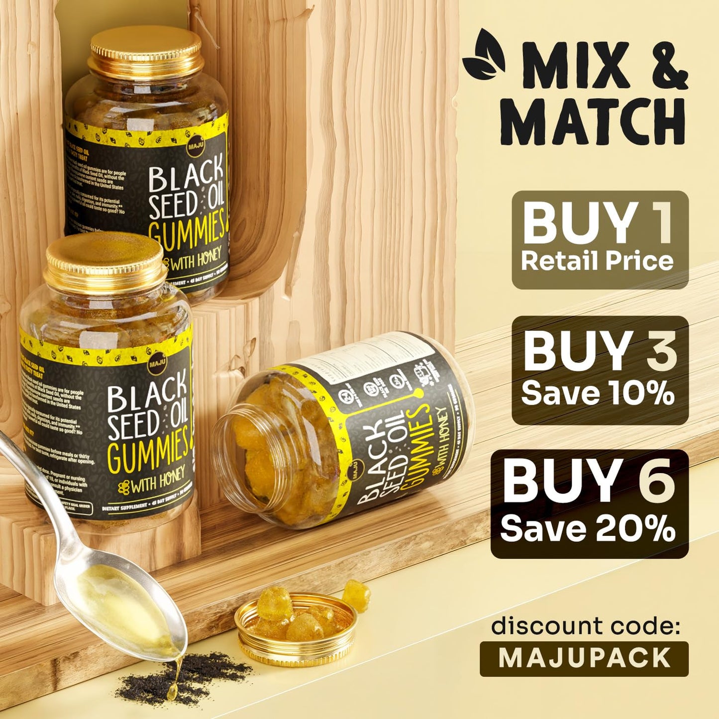 MAJU's Black Seed Oil Gummies with Honey 90ct, 500mg BSO Gummy, Black Cumin Seed Nigella Sativa Oil, Cold-Pressed, Potent Formula, 90ct