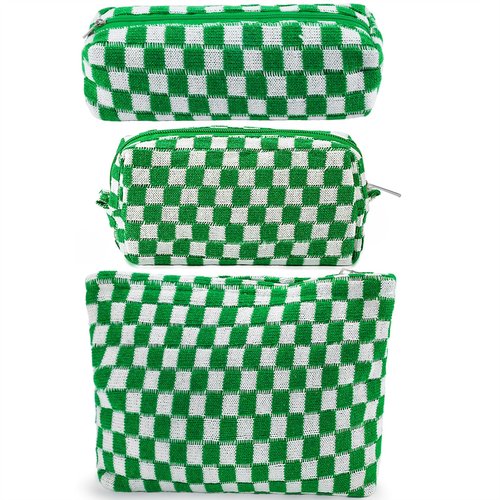 ZLFSRQ 3Pcs Checkered Makeup Bag for Women Large Cosmetic Bag Set Travel Toiletry Bag Makeup Pouch Bag for Purse Green Zipper Storage Bag Organizer Cute Small Aesthetic Girls Car Essentials Bag