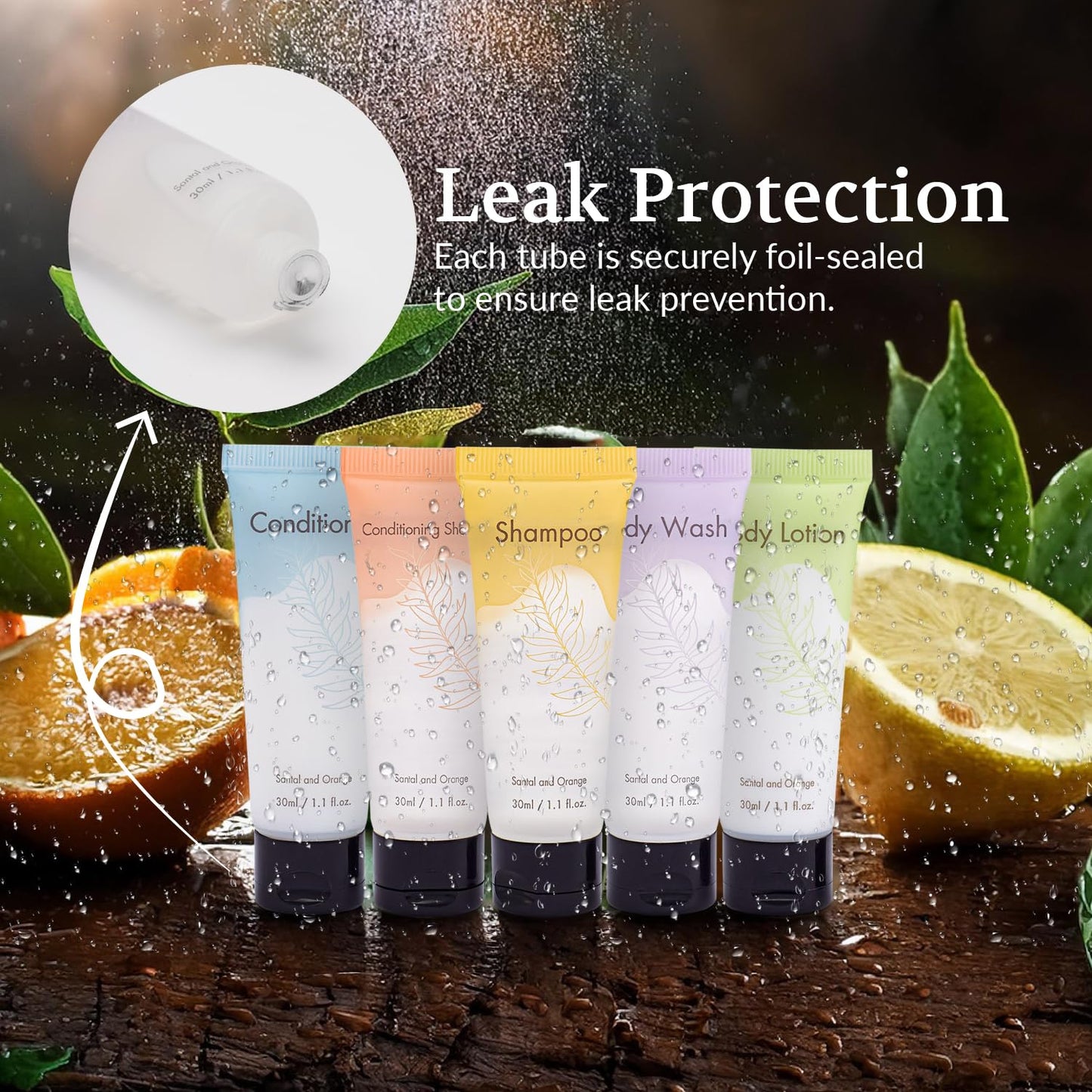 NISGUR Leak-Proof Travel Size Body Wash 1 Oz Each Pack of 200 Bulk Pack Santal and Orange Scent Hotel Body Wash Amenities and Toilteries for Hospitality