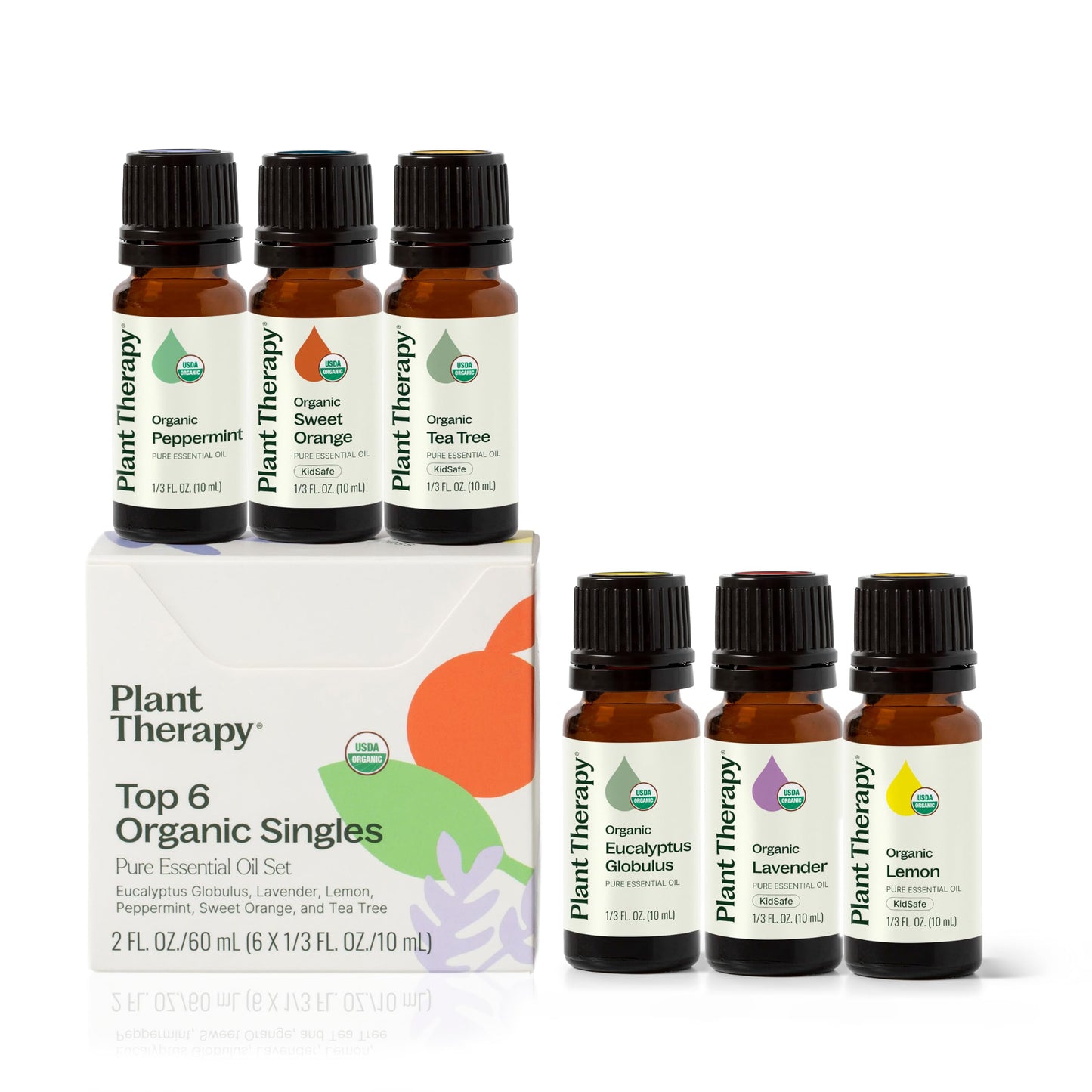 Plant Therapy Top 6 USDA Organic Essential Oil Set - Lavender, Peppermint, Eucalyptus, Lemon, Tea Tree 100% Pure, Natural Aromatherapy, for Diffusion & Topical Use, Therapeutic Grade 10 mL (1/3 oz)