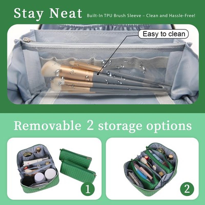 Travel Makeup Bags Cosmetic Organizer Bag: Large Capacity Make up Bag Set of 3 - Vegan Leather Woven Toiletry Bag for Women - Portable Makeup Organizer with Compartments & Handle & Divider Green