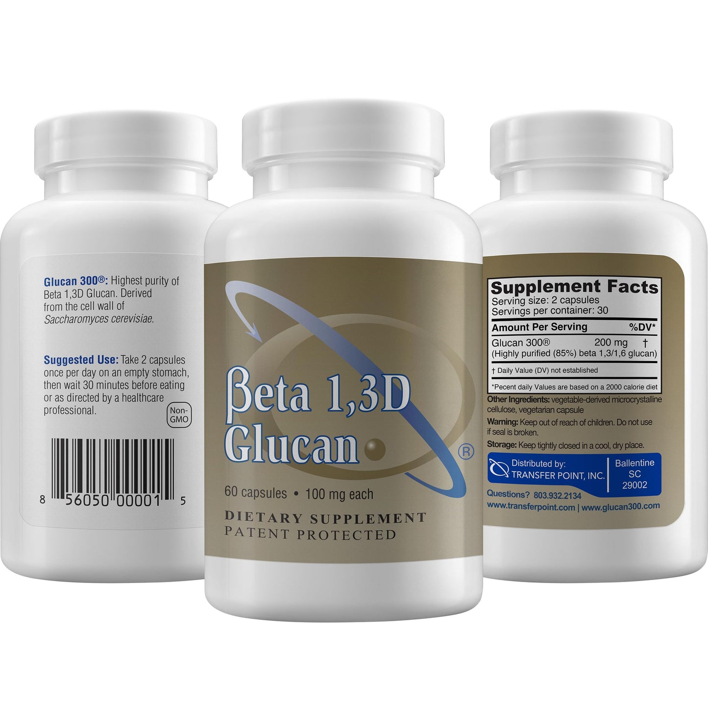 Transfer Point Yeast-Derived Beta 1,3D Glucan (1,3/1,6 B-Glucans) 200mg, Minimum 85% Beta Glucan Content, Non-GMO, Vegetarian, All-Natural Immune Support, 60 Capsules