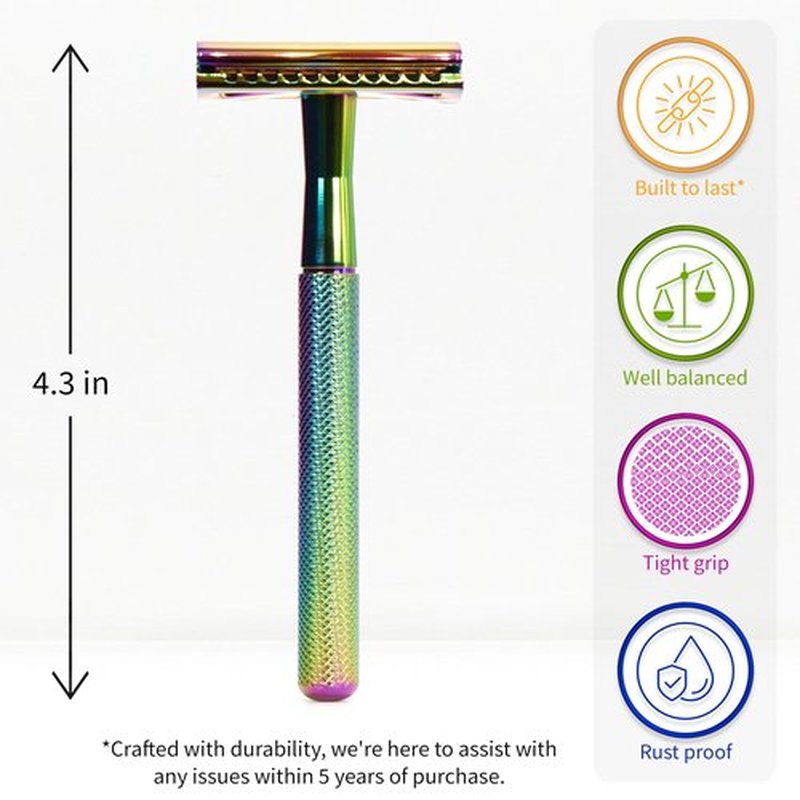 Bambaw Double Edge Safety Razor with 5 Safety Razor Blades, Women & Men’s Safety Shaving Razor, Reusable Razor, Plastic Free – Rainbow
