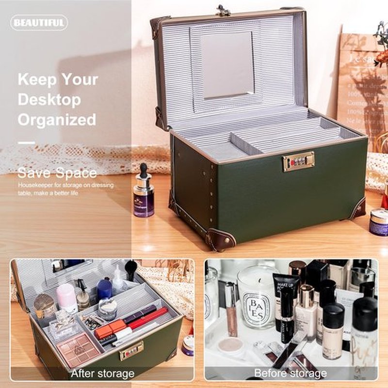 urecity Portable Retro Leather Makeup Train Case Cosmetic Organizer Case Leather Storage Box with Combination Lock (12.5", Green)