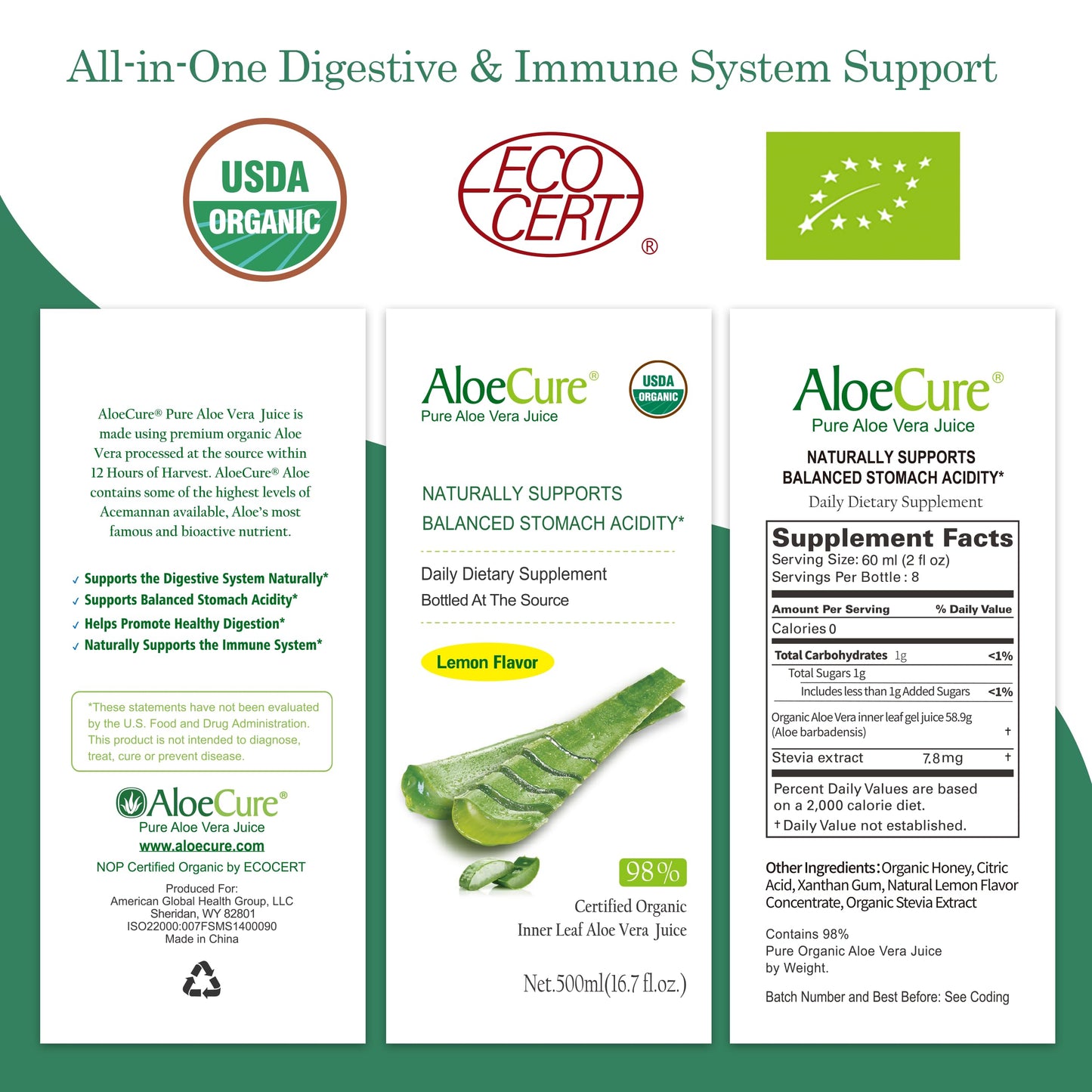 AloeCure USDA Organic Aloe Vera Juice Lemon Flavor - Made Within 12 Hours of Harvest - Natural Digestive Supplement for Balanced Stomach Acidity - Support Digestive and Immune Health - 1 Btl x 16.7oz
