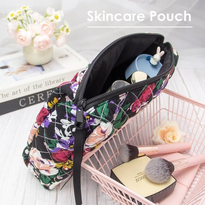 PAZIMIIK Cotton Makeup Bag for Women Large Quilted Travel Cosmetic Pouch Girls' Make Up Organizer,Floral Black