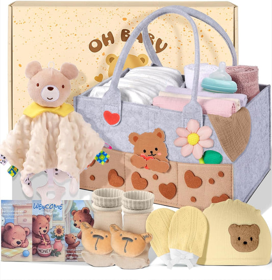Baby Shower Gift Basket | Essential Newborn Gift Set with Diaper Caddy, Security Blanket, Hat, Bib, Socks & Mittens - Perfect for Boys & Girls