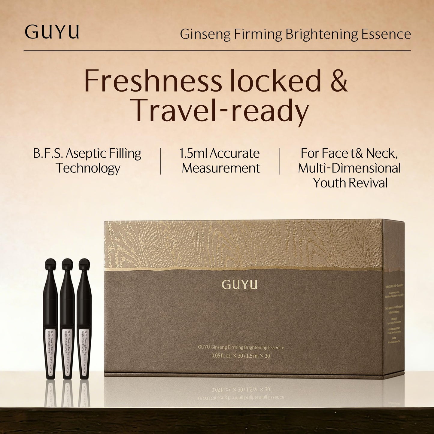 GUYU Ginseng Anti-Aging Serum for Face | GUYU Single-Use Ampoule | Peptides, Hyaluronic Acid, Panthenol, Ectoin, Beta Glucan | for Lifting, Firming, Smoothing Lines, Plumping (0.05 Fl Oz x 30pcs)