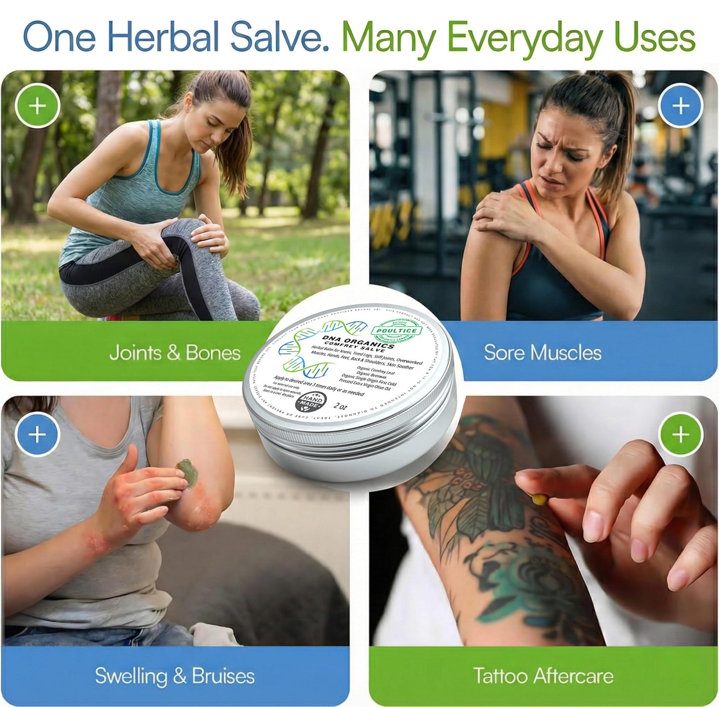 Wild Castle DNA Organics 10 oz Comfrey Salve Bundle. Herbal Balm for Bones, Muscles, Joints, Knees, Skin, Swelling & Tattoo Care. Handcrafted, Slow-Infused. No Chemical Fillers (2 × 4oz + 1 × 2oz)