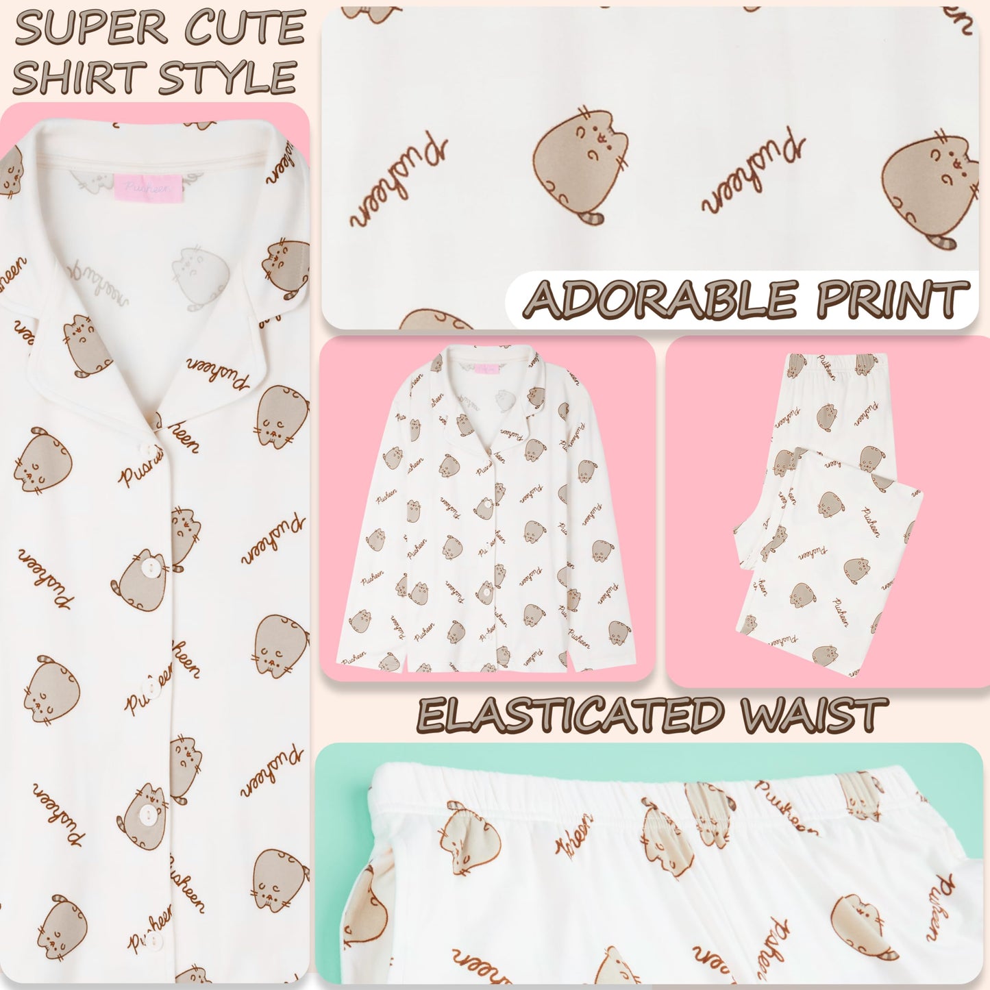 Get Trend Pusheen 2 Pc Pajamas Set for Women, Teens with Top, PJ Pants with Pockets, Cozy Sleepwear, Soft Loungewear, for Women (M, Beige Pusheen)