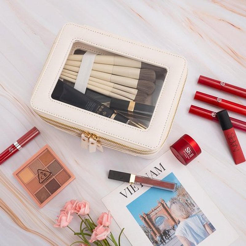 Aveniee Large Clear Makeup Bags, Double Layer Cosmetic Bags with Separate Brush Compartment, Travel Toiletry Bag Cosmetic Train Case, Travel Accessories Organizer for Women(2 Layers, White)