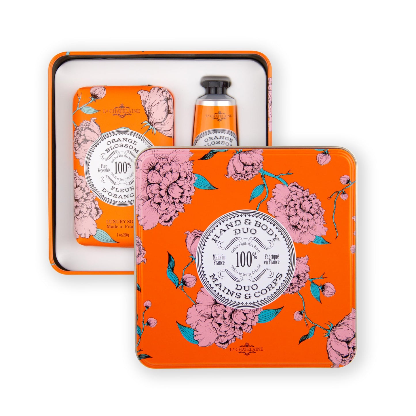 La Chatelaine Orange Blossom Triple Milled Bar Soap and 20% Shea Butter Hand Cream Gift Set, Decorative Tin, Plant-Based, Natural & Organic, Made in France (7 oz. soap bar, 1 oz. hand lotion)