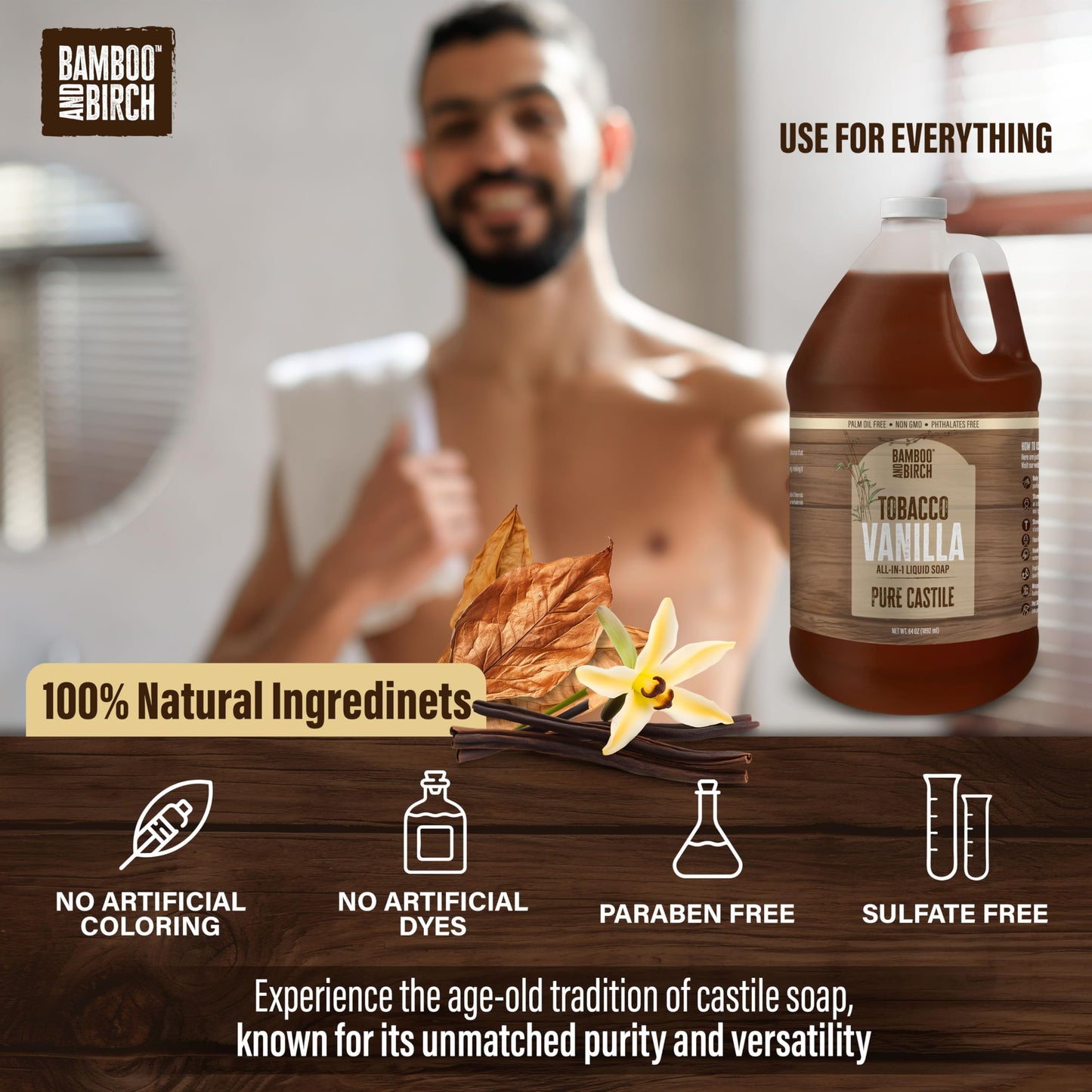 BAMBOO AND BIRCH Pure Castile Soap Liquid, Tobacco Vanilla, 64 oz
