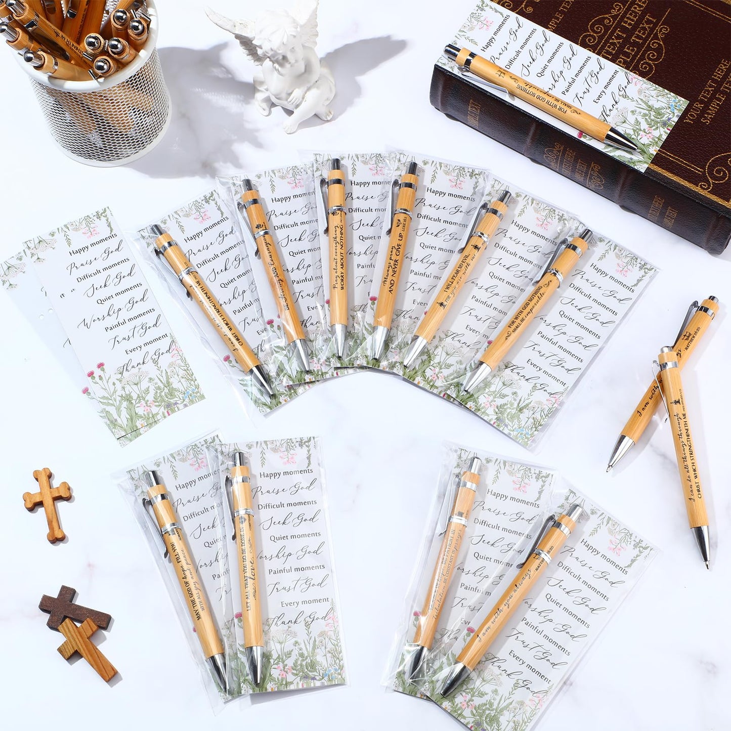 Chivertion 50 Set Christian Religious Gifts Bulk Include Bible Verse Pens and Inspirational Bookmarks Scripture Quote Bible Study Group Church Gifts for Christian Pastor (Bamboo)
