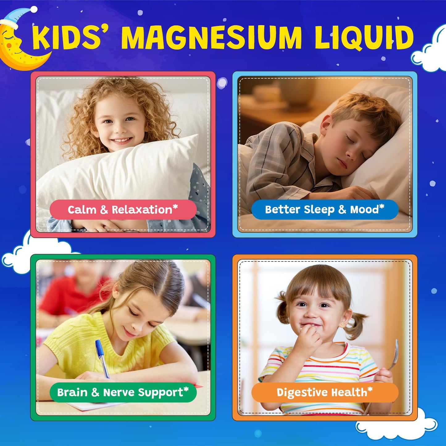 Magnesium Glycinate Liquid for Kids - Citrate, Malate with Omega-3, L-Theanine, GABA, Chamomile, 5-HTP, D3, Zinc, Kids Magnesium Drops for Sleep, Calm, Relaxation & Focus, Mixed Berry Flavor, 2 Fl Oz