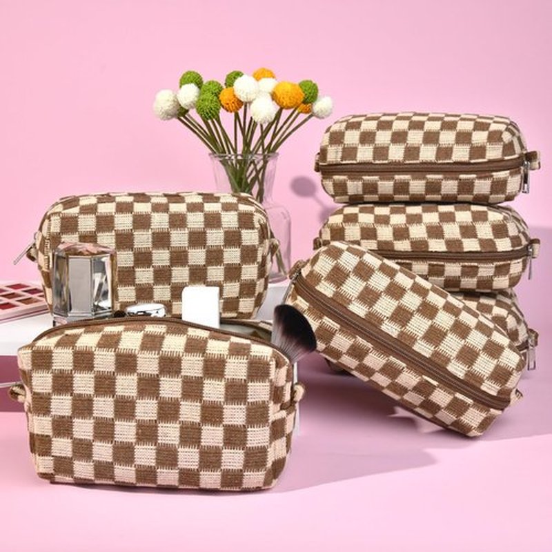 SOIDRAM Checkered Makeup Bag Preppy Cosmetic Bag Bulk Brown Makeup Pouch Personalize Travel Toiletry Bag Organizer Cute DIY Makeup Brushes Storage Bag for Women