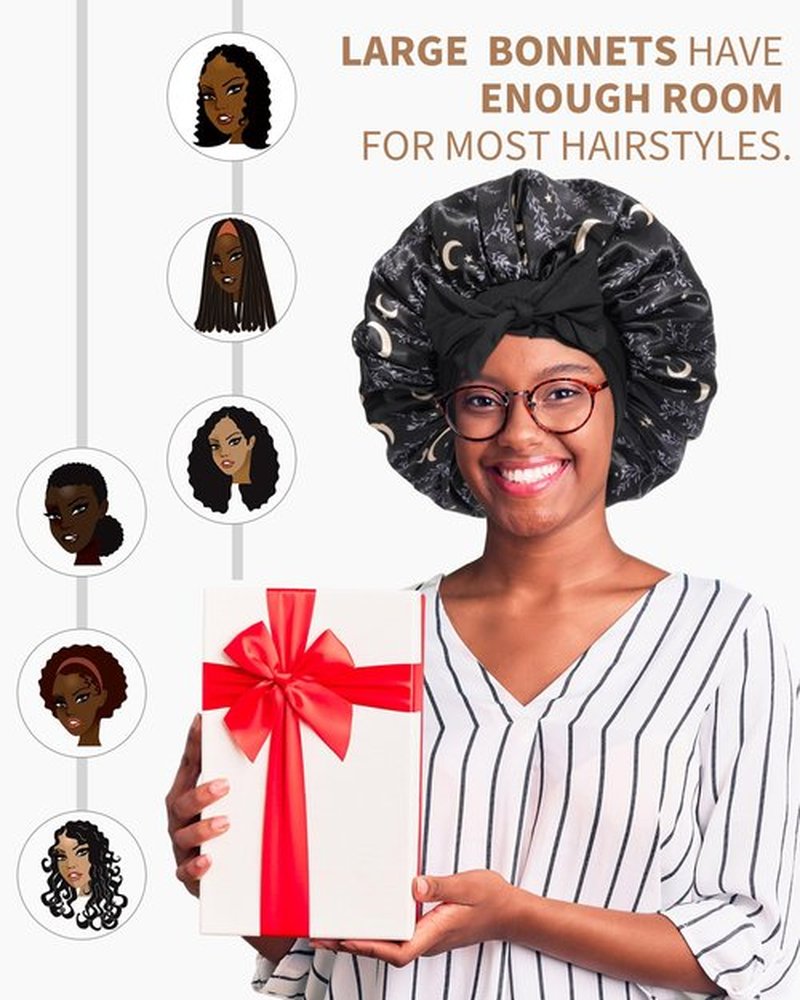 Satin Bonnet for Women Silk Bonnets for Sleeping Curly Hair Bonnet with Elastic Tie Band Reversible Double Layer Sleep Cap Hair Wrap (Black)