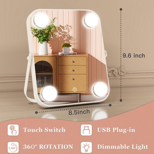 ROLOVE Vanity Mirror with Lights, Hollywood Makeup Mirror with Light, Lighted Tabletop Makeup Mirror with 4 Dimmable LED Bulbs, Portable Travel Makeup Mirror with U-Shaped Bracket, Smart Touch Control