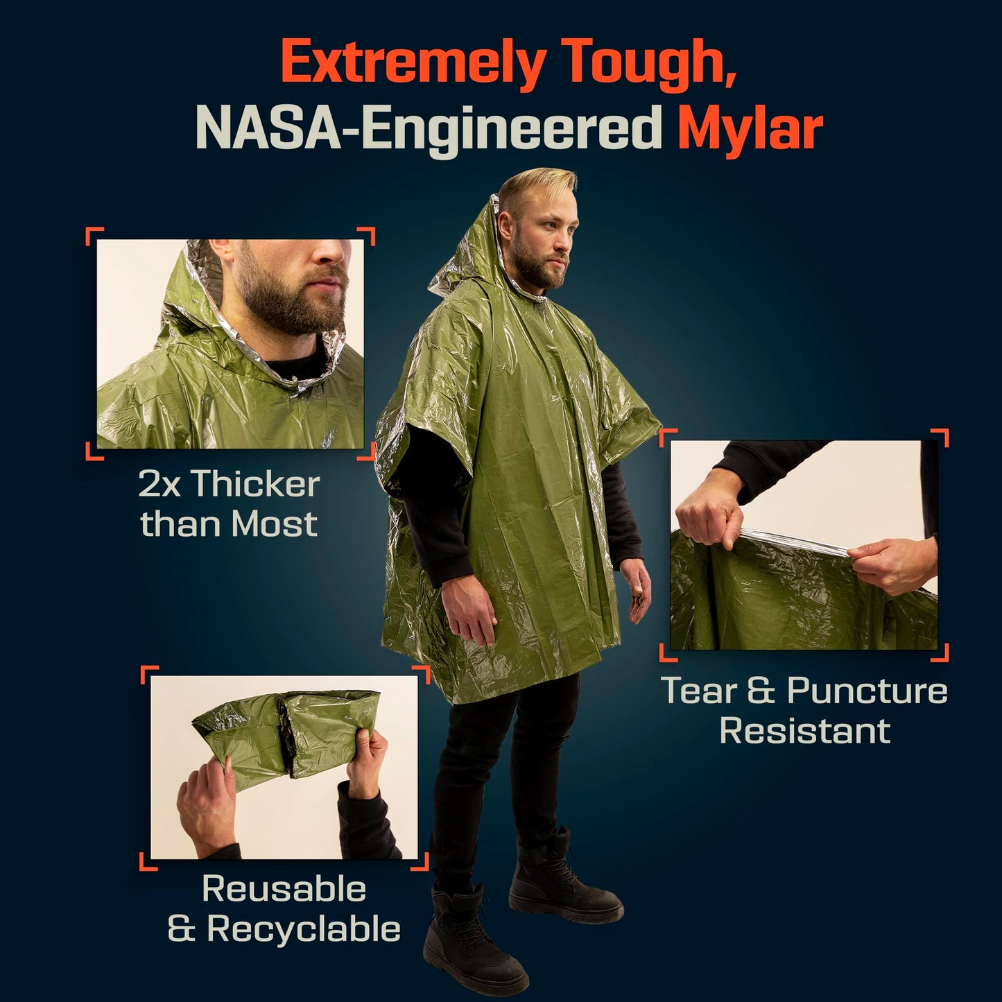 PREPARED4X Emergency Poncho with Mylar Blanket Liner – Heavy Duty, Waterproof, Wind-Resistant Green Rain Poncho for Outdoors, Camping, and Car Emergency Kits - Thermal Poncho - 4 Pack (Green)