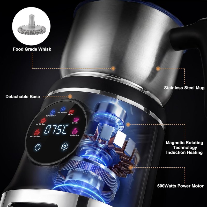 Electric Milk Frother - 7-in-1 Stainless Steel Steamer with Temperature Control | 20.3 OZ Hot & Cold Foam for Latte & Cocoa