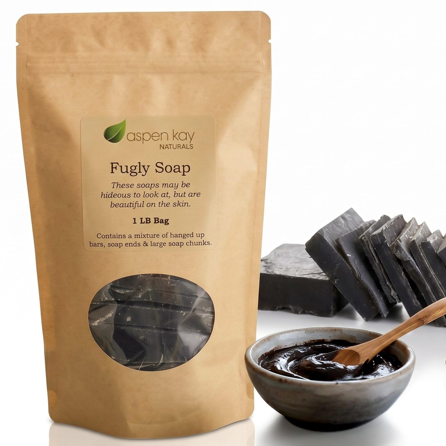 Aspen Kay Naturals - 1 Pound Bag of Fugly Soap, a Mixture of Dented & Imperfect Soap Bars, Soap Ends & Chunks. Natural & Organic Ingredients. (Dead Sea Mud & Charcoal)