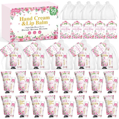 50 Pack Bulk Hand Cream and Lip Balm Gifts Sets, Baby Shower Favors and Bridal Shower Favors for Guests with Thank You Card and Organza Gift Bags, Stocking Stuffers, Wedding Party Favors (Baby Girls)