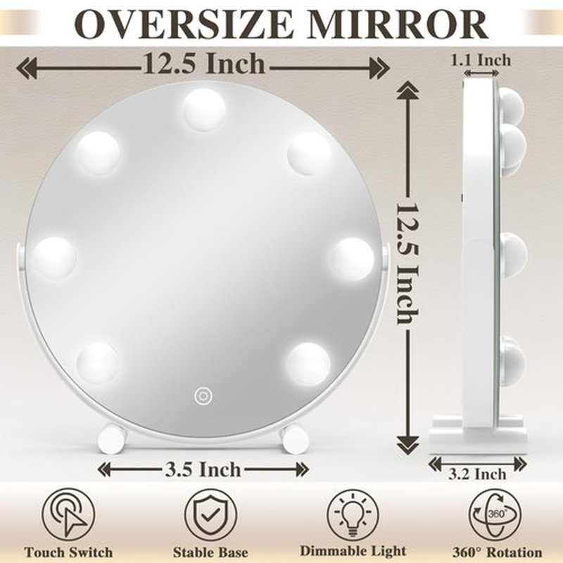 ROLOVE Vanity Mirror with Lights, 12 Inch Hollywood Mirror with Lights for Makeup Desk, LED Makeup Mirror with 7 Dimmable Bulbs for Bedroom Tabletop, Smart Touch Dimmable 3 Modes, 360° Rotation